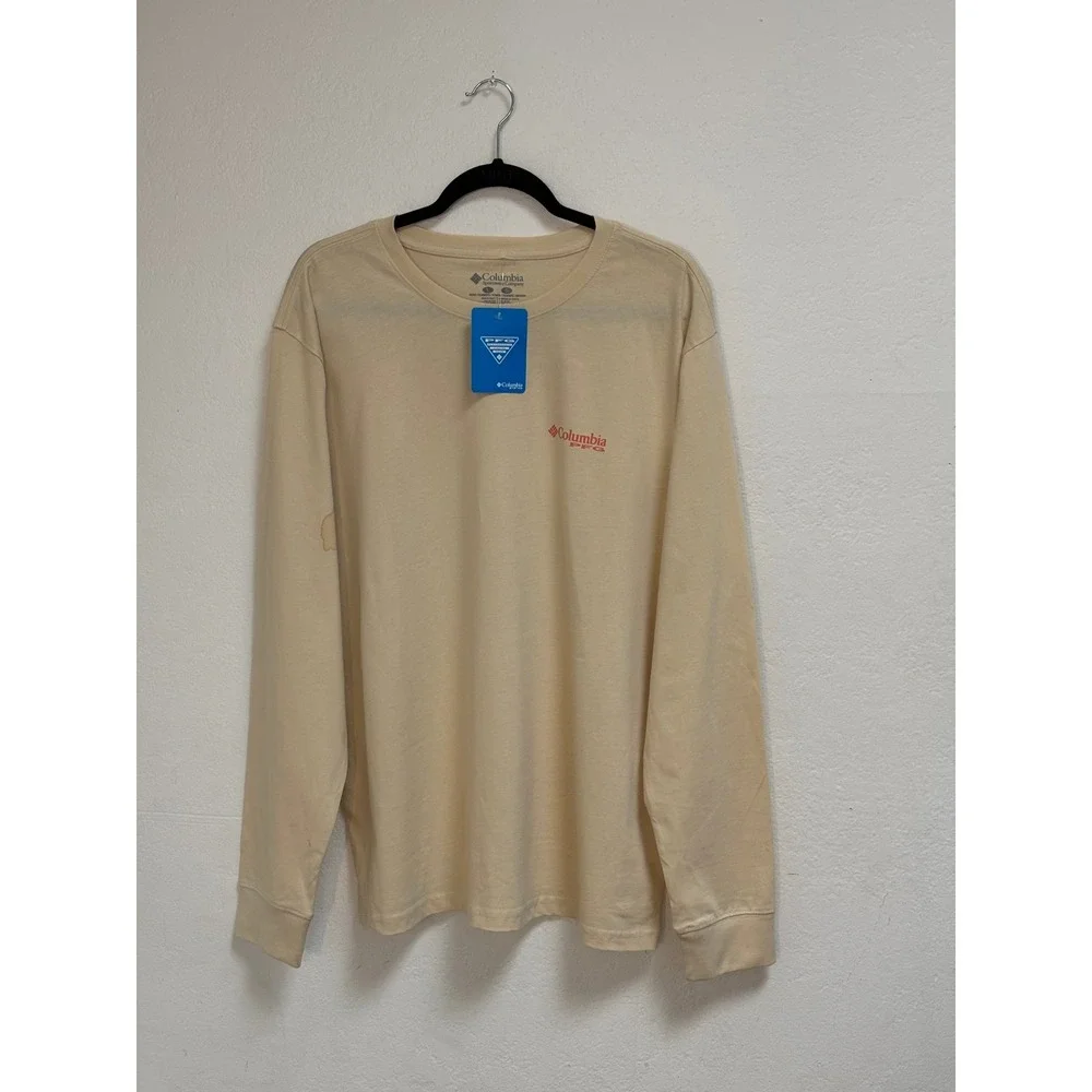 Columbia PFG Mens Large Beige Git Fishin Dog Graphic Long Sleeve T-Shirt‎ NWT